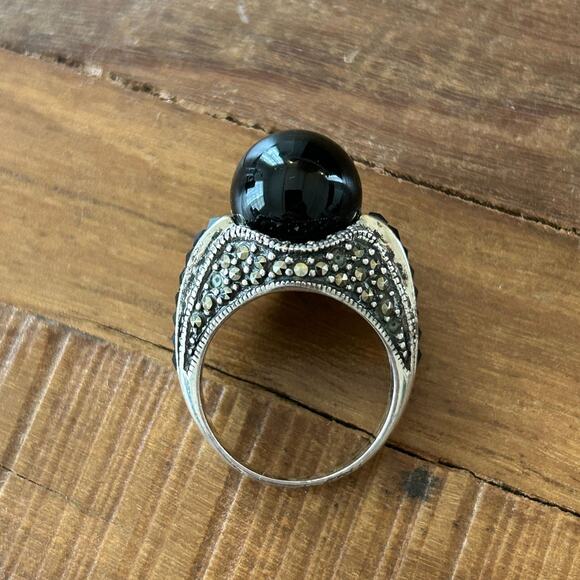 Vintage Sterling Silver Black Onyx Marcasite Dome Ring - Size 7.5, Deco Revival - Picture 1 of 10